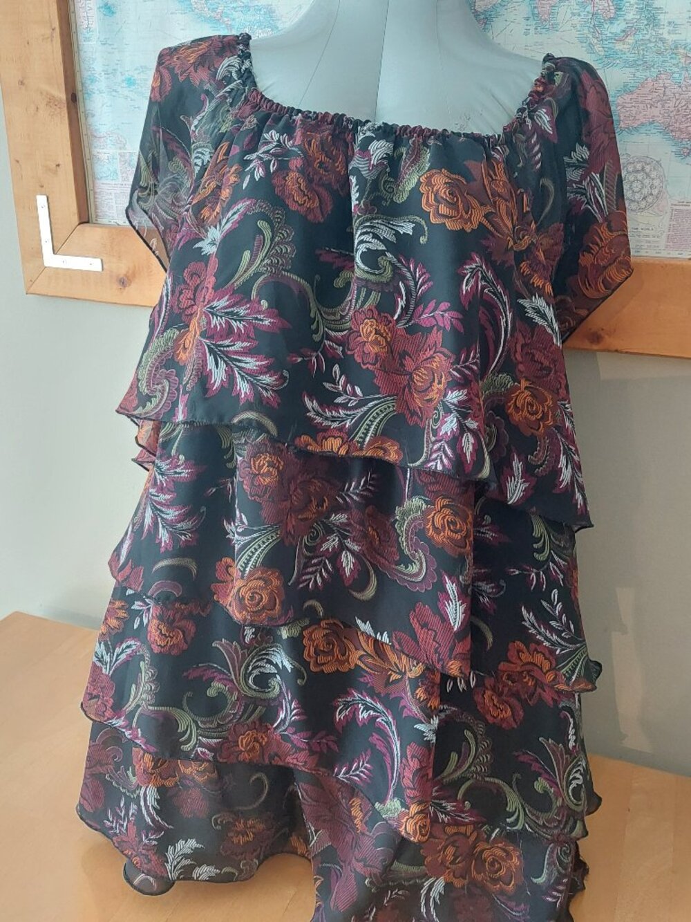 Pat Rego Plus Size Tiered Multi Layered Chiffon Blouse, Elastic neckline size 3X